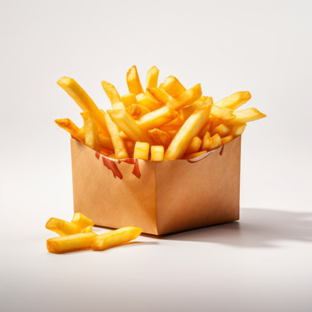 a full box of french fries is captured in this photo, showcasing realistic still life composition with dramatic lighting. the white background enhances the visual appeal, while the use of the quantumpunk style adds a unique touch. the zeiss batis 18mm f2.8 lens ensures sharpness and clarity. the gray and amber tones create a warm and inviting atmosphere. this stunning image, created with stipple technique,の素材