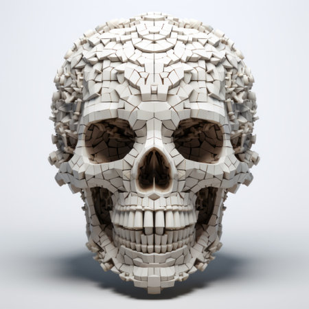 a 3d model of a skull showcasing a mosaic composition with symbolic overload. the design draws inspiration from grandiose ruins and the artistic style of alejandro burdisio. the skull features simplistic characters and an intricate texture reminiscent of the works of jessie arms botke. ai generatedの素材