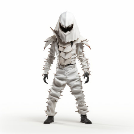 a character in a high-detailed terrorwave-inspired costume, featuring a combination of black, white, and yellow colors. the costume has a dark white and light gray metallic appearance, with skeletal elements. the character also has dark white and light orange accents, giving it a sharp and prickly look. ai generatedの素材