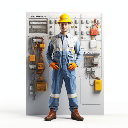 a male engineer in an industrial environment stands near an electrical panel. the photo showcases meticulous photorealistic still life art with detailed character illustrations. the aluminum material adds a touch of realism, while the vibrant colors make the scene come alive. the composition has a cut and paste aesthetic, reminiscent of hinchel or collage art. ai generatedの素材
