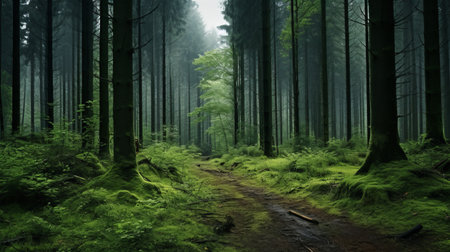 a photo of a forest, captured in the style of photo-realistic landscapes by michael komarck. this uhd image, taken by peter lippmann, showcases the beauty of the forest in a visually stunning way. inspired by the environment, dariusz zawadzki's work captures the essence of the wilderness. ai generatedの素材