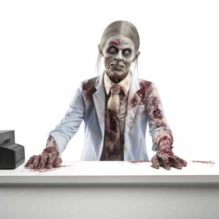 zombie woman in a desk costume, isolated on white background. this photo captures a unique blend of layered imagery with subtle irony, reminiscent of the style of robert irwin. the interactive experiences and nonrepresentational elements add depth to the composition. shot at iso 200, the image showcases the creativity of the artist, drawing inspiration from mort knstler and petcore. ai generatedの素材