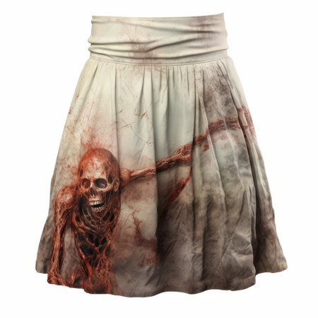 the skirt features a striking design with skulls printed on top, showcasing aggressive digital illustration. the intricate details include striated resin veins in light bronze and red, creating a supernatural realism effect. this 32k uhd photo captures the twisted characters in a style reminiscent of die brucke art movement. ai generatedの素材