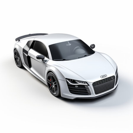 white audi r8 m4 coupe on a white background, showcasing the cad design style. the image features dramatic lighting effects, creating an eerily realistic atmosphere. the white and black color scheme highlights the raw and unpolished auto body works, while the richly colored details add depth to the overall composition. ai generatedの素材