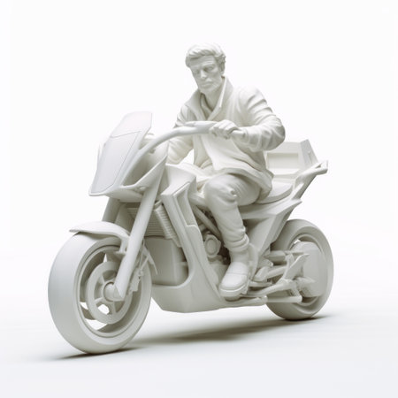 a man riding a white motorcycle is captured in this photo, set against a clean white background. the image showcases the meticulous hard surface modeling and design architecture study, with elements of resin, tenwave, gravure printing, and dc comics. the use of photo-realistic techniques brings out the lifelike details of the scene. ai generatedの素材