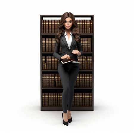 a woman lawyer confidently holds a book stand in this photorealistic rendering. the attention to detail in her costume and fashion is remarkable, showcasing the intricate layers of veneer panels. created using bryce 3d, this uhd image captures the essence of cabincore with its realistic human figures. ai generatedの素材