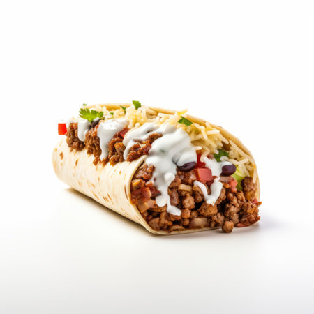 texas roadhouse pizza and burrito in san diego is captured in this photo with a minimalist white background. the delicious food items are beautifully wrapped, showcasing their mouthwatering appeal. the image is enhanced with a rollerwave effect, adding a touch of artistic flair. the overall aesthetic is a blend of spiritualcore, soft mist, neue sachlichkeit, and the influence of renowned artist wifredo lam. ai generatedの素材
