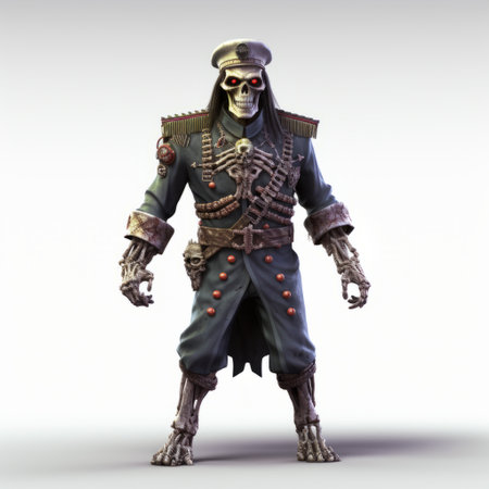 a man wearing skeleton clothing and a mask on his head is depicted in this image. the artwork is created in the style of dieselpunk and rendered using maya software. the piratepunk and navy elements are evident in the design, while the calculated composition adds to the overall aesthetic. the image also features a mottled texture reminiscent of the renowned brothers hildebrandt's artwork. ai generatedの素材