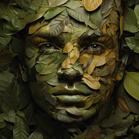 a powerful and emotive portrait showcasing the natural beauty of a human, surrounded by 3d leaves in an aggressive digital illustration style. this nature-inspired camouflage creates a captivating image reminiscent of a national geographic photo. the layered textures and shapes add depth to this uhd image, enhancing the impact of the oil portraiture. ai generatedの素材