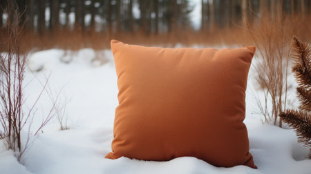 cushion in the snow: a stunning photo capturing a snow-covered pillow amidst a gentle snowfall. the dark orange and light bronze tones add a touch of warmth to the scene. shot with a zeiss milvus 25mm f/1.4 lens, the image showcases spiky mounds of snow on unprimed canvas. the overall composition exudes a restrained serenity, highlighting the craftcore and polished craftsmanship. ai generatedの素材