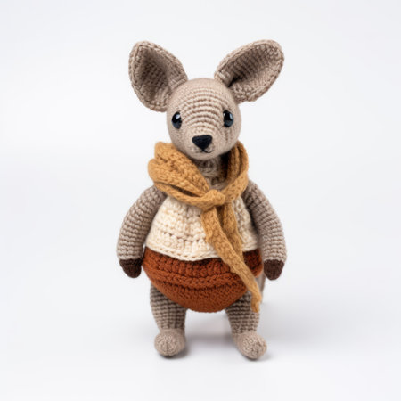 a cute crocheted kangaroo wearing a brown sweater is captured in this photo. the kangaroo is designed with intricate details and fine lines, showcasing a detailed character design. the colors of light gold and orange add a vibrant touch to the image. the photo was taken with a minolta riva mini camera, highlighting the soft and rounded forms of the kangaroo. the kangaroo appears toの素材