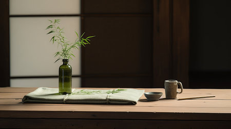 a brown table adorned with a vase and spoons, showcasing traditional japanese artistic techniques. the light green fabric and minimalist nature studies add a touch of elegance to this uhd image. the dark green hues and pastoral charm create a serene and inviting atmosphere. ai generatedの素材