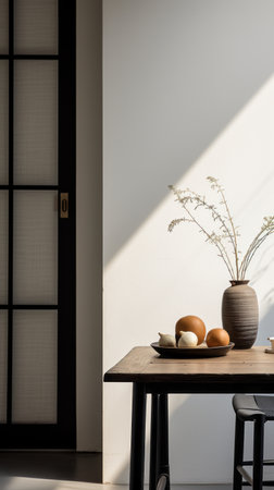 a table on a table near a window, showcasing classic japanese simplicity and nature-inspired pieces. the light-filled composition highlights experimental pottery, beautifully captured with the samyang af 14mm f2.8 rf lens. the table's light black and light amber tones complement the overall aesthetic, reminiscent of the renowned minimalist designer, john pawson. ai generatedの素材