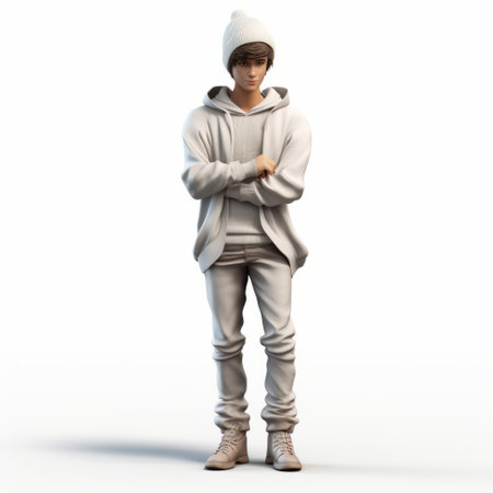 white cartoon figure in a hooded white shirt, depicted in a 3d view. this street style realism artwork draws inspiration from charming anime characters, tadao ando's architectural style, plaster sculptures, artgerm's illustrations, studio portraits, and the young british artists (ybas) movement. ai generatedの素材