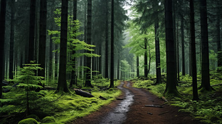 a road winds through the lush forest of germany in this high-quality stock photo, reminiscent of the style of michal karcz. the green and black color palette creates a captivating atmosphere, while the romanticized depiction of wilderness adds a touch of enchantment. this matte photo captures the beauty of nature scenes, making it a perfect addition to any collection. ai generatedの素材