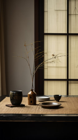 a photo of a china dining table setting with a feng shui influence. the image captures the naturalistic light and shadow, showcasing the japanese minimalism style. taken with a tokina at-x 11-16mm f/2.8 pro dx ii lens, the composition highlights nature-based patterns in light brown and dark black tones. the atmospheric tonalities and use of organic materials create a visually captivating scene. ai generatedの素材