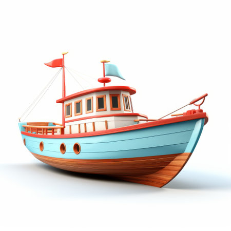a cartoon-style boat is depicted on a white background, resembling the artistic style of zbrush. the boat is adorned with light red and light blue colors, showcasing the use of traditional techniques. the artwork exhibits realistic detailing reminiscent of michael ancher's work, while the sharp and vivid colors evoke the style of henryk gotlib. ai generatedの素材