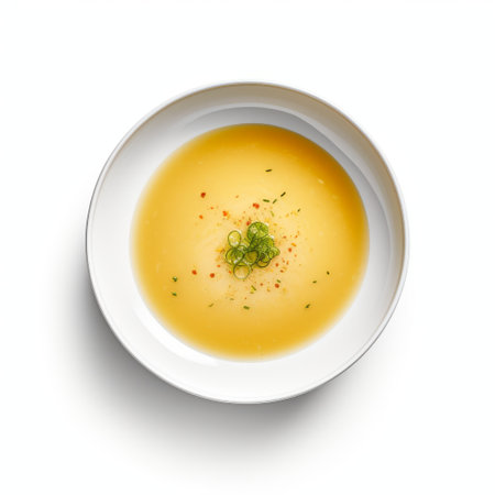 a bowl of soup garnished with green onion is captured on a white background, accompanied by a spoon. this photograph, reminiscent of ray collins' style, showcases vibrant shades of yellow and orange. the image has been digitally enhanced, incorporating john pawson's aesthetic with its subtle tonal range. fine lines and delicate curves add to the visual appeal, creating an exquisite composition. the soup is madeの素材