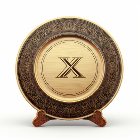 an antique-style plate featuring a realistic rendering of the letter x. this intricately carved plate showcases ancient world motifs and rounded shapes. the extravagant table setting highlights the plate's technological symmetry, while the use of wood adds a touch of warmth and authenticity to the design. ai generatedの素材