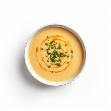 a white bowl of soup garnished with slivers of parsley, presented in an artistic style featuring dark yellow and light gold hues. the fluid lines and curves create an aerial view of the dish, while the light orange and light gold tones add a dotted applecore effect with a touch of the sabattier technique. ai generatedの素材