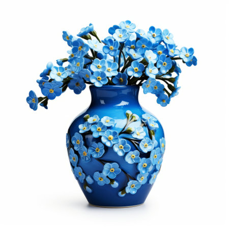 a blue vase filled with flowers, showcasing a realistic and detailed rendering. this digitally enhanced image captures the beauty of the arrangement, reminiscent of the artistic style of doug hyde. the ornate simplicity of the vase adds an elegant touch, while the use of cloisonnism techniques enhances its visual appeal. ai generatedの素材