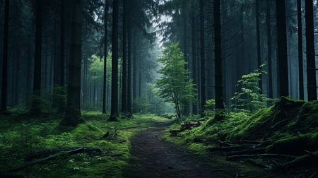 a dark and foreboding forest path, captured in high quality by karl kopinski for national geographic. the photo showcases a dirt path surrounded by moss-covered ground, creating a misty and gothic atmosphere. the dark green and light emerald hues add to the eerily realistic feel of the image. ai generatedの素材