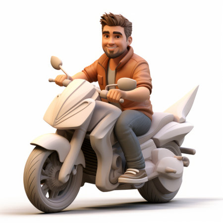a man riding a motorcycle 3d model (no. 6) is depicted in a realistic style, capturing the essence of everyday life. this joyful and optimistic portrayal is influenced by indian pop culture. the image, captured with a zeiss batis 18mm f2.8 lens, showcases a reductionist form with a color palette of light gray and light amber. the man's strong facial expression adds intensity to theの素材
