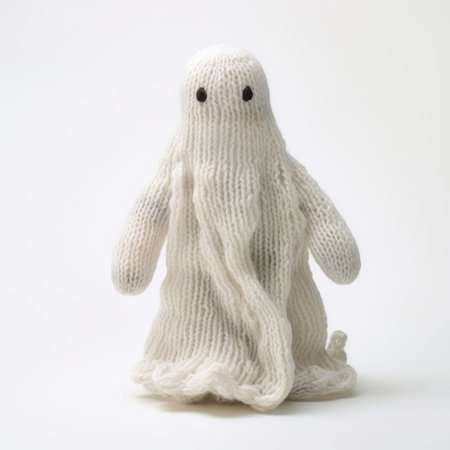 a haunting imagery of a knitted toy ghost by sato studio on flickr. this uncanny valley realism style photograph features a white background, giving it a lovecraftian vibe. captured with a rollei prego 90, the transparent-translucent medium adds to the creased and eerie appearance of the ghost. ai generatedの素材