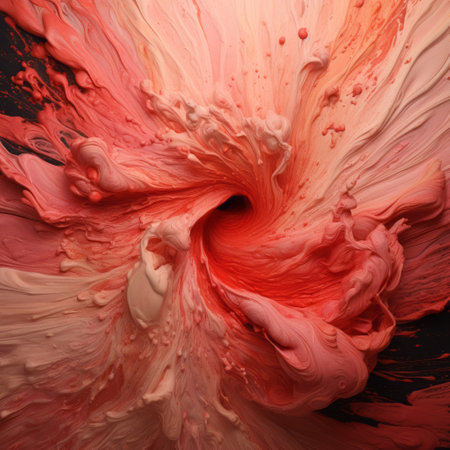 a swirling cascade of paint gracefully descends onto a captivating black backdrop, showcasing a mesmerizing blend of light crimson and light beige hues. this hyper-realistic masterpiece captivates with its intricate details and vibrant, saturated pigment pools. the colorful installations of red and pink evoke a sense of movement, enhanced by flowing fabrics and the subtle shake of the camera. ai generatedの素材