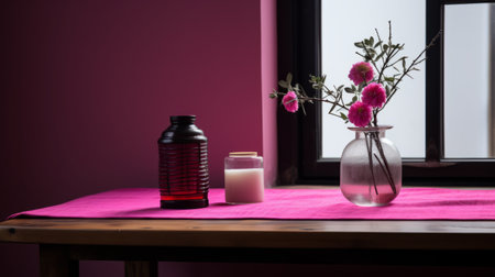 purple tablecloth adorned with elegant purple flowers, reflecting the essence of japanese minimalism. the dark pink hues create an atmospheric ambiance, while the infrared lighting adds a touch of romance. the installation captures a romanticized view, incorporating monochromatic color schemes inspired by zen buddhism influence. ai generatedの素材