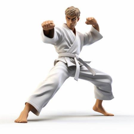 an animated avatar figure wearing white karate regalia is depicted in this photorealistic artwork. the style of the piece is influenced by the group f64 and mori kei, resulting in official art with dynamic action scenes. the figure is portrayed as handsome, and the use of impasto technique adds texture and depth to the image. ai generatedの素材