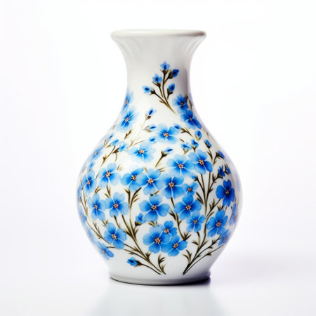 a light blue vase with intricate persian miniature flower patterns is showcased in this art decoration photograph. the selective focus technique highlights the details of the vase, while the high-contrast shading adds depth to the image. captured with a zeiss batis 18mm f2.8 lens, the vase stands out against a clean white background. this photo can be found on flickr. ai generatedの素材