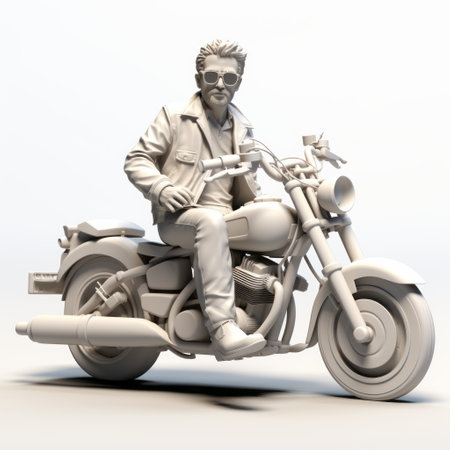 a 3d printed person on a motorcycle, depicted in a charming character illustration style with realistic brushwork. the image resembles a movie still, featuring a light gray manticore riding a motorcycle surrounded by classic american cars. the intricate details of the design showcase the use of cad (computer aided design) technology. ai generatedの素材