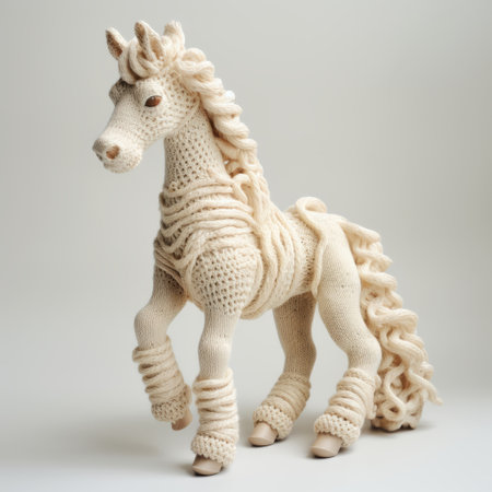 an aged knit pony in white, resembling organic sculptures, showcases intricate details inspired by escher's art. this unique piece is part of a spiral group, skillfully crafted through a combination of knitting and crocheting techniques. the light beige color and plastic material add to its distinct charm. ai generatedの素材