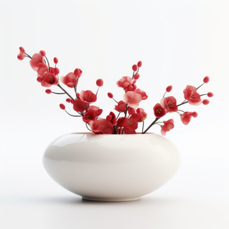 a 3d model of delicate red flowers in a white vase is available for sale. this japanese-inspired imagery showcases the pure color and simplicity of the flowers. with a shallow depth of field, the focus is on the smooth and shiny ceramic vase, adding an elegant touch to any space. ai generatedの素材