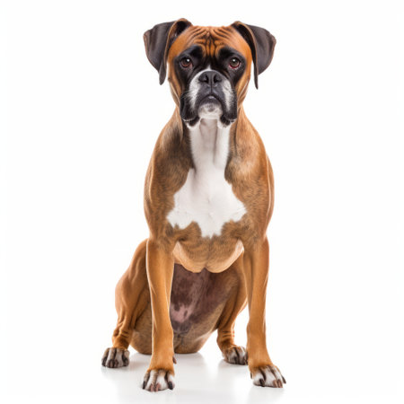 an aged boxer dog with a captivating gaze sits on a white background. the photo is captured in a style of light red and dark amber, showcasing the spectacular show of ages. the large format lens used in this meticulously detailed image highlights the dog's dark amber and white fur. ai generatedの素材