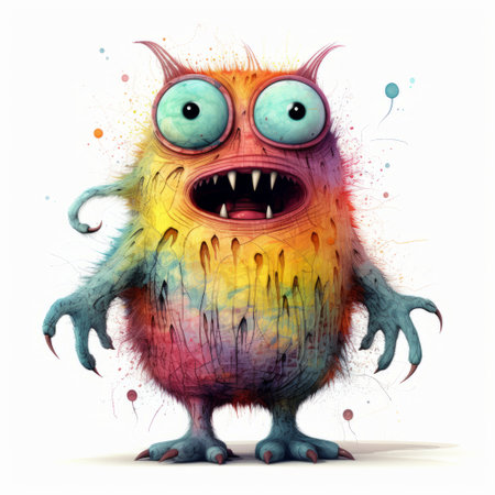 a colorful, scary monster with eyes made of paintballs and a white body, inspired by the artistic styles of brian kesinger, alex timmermans, and maurice sendak. this cute and colorful creature features gradient color blends, a rough texture, and a pseudo-realistic appearance. ai generatedの素材
