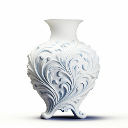 a white vase with intricate design, featuring baroque ornamental flourishes and abstract colorist sculptor elements. the photorealistic pastiche style adds depth to the light indigo matte photo. the balanced design of this vase showcases the fusion of different artistic influences. ai generatedの素材