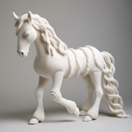 a white wooden horse doll, crafted from fabric, showcases the intricate artistry of knitted and crocheted techniques. this hyper-realistic sculpture captivates with its swirling vortexes and mesmerizing depiction of animals. the intertwining materials create a visually stunning piece, reminiscent of giant money sculptures and captivating spirals. ai generatedの素材