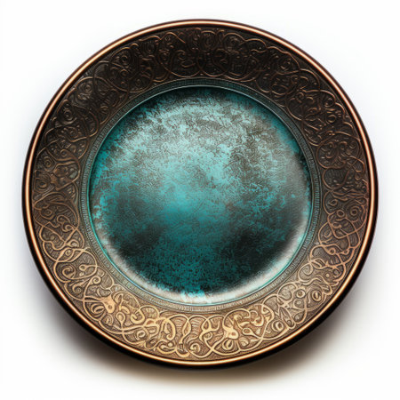 an antique green plate, in the style of dark cyan and bronze, is showcased on a white background. this meticulously crafted photorealistic still life captures the essence of celtic art and hurufiyya. shot on kodak ektar 100 film, the image is digitally enhanced, highlighting the plate's stunning combination of light blue and bronze tones. ai generatedの素材