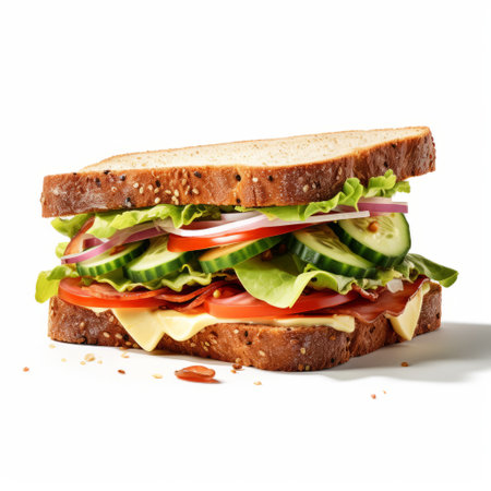 a sandwich with lettuce and tomato on the bread, featuring bold colors, dynamic lines, and high-key lighting. this artistic composition by mark arian and matthias haker showcases subtle chromatism and large-scale brushstrokes, creating a visually striking image. the inclusion of "rtx on" suggests a technological element in the artwork. ai generatedの素材