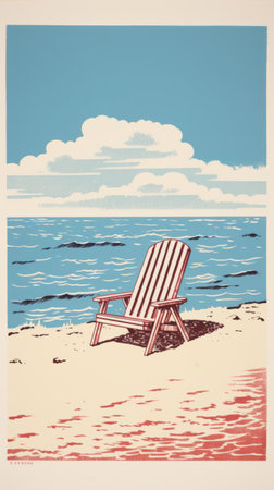 a red and white chair on the beach, featuring woodcut-inspired graphics, rhads, and graphic design poster art. the chair stands out against the sky-blue and beige backdrop, reminiscent of 19th-century american art. the image is created using holotone printing, resulting in bold and cartoonish lithographs. ai generatedの素材