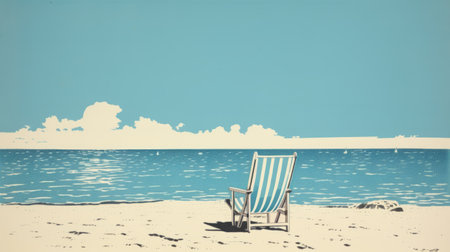 a vibrant depiction of a beach chair suspended in mid-air, showcasing the artistic style of post-war american art. the illustration features soft, tonal colors such as dark white and light cyan, creating a photographically detailed portrayal. the serene and tranquil atmosphere is enhanced by the flat backgrounds and intricate natural scenes. ai generatedの素材