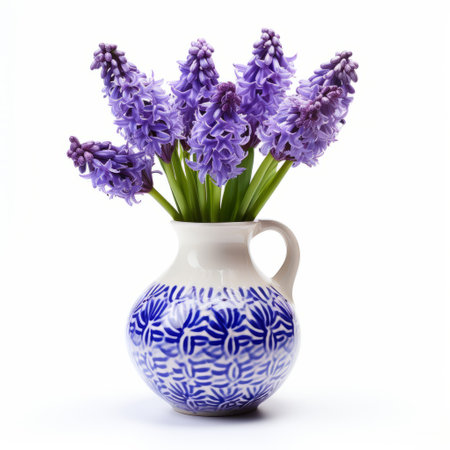 a flower vase adorned with blue and white flowers, showcasing a light purple color scheme. the design incorporates alchemical symbolism and is captured through scanner photography. the vase is set against a white background, drawing inspiration from dutch tradition and asian aesthetics. the image is presented in stunning 8k resolution. ai generatedの素材