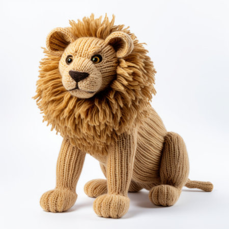 a knitted lion from khkt, in the style of john mckinstry, captured in a photo with a nikon d750. this toy-like lion showcases light brown and beige colors, reflecting the american studio craft movement. the image highlights the intricate details achieved through focus stacking, emphasizing the skilled use of fabric in this knitted creation. ai generatedの素材