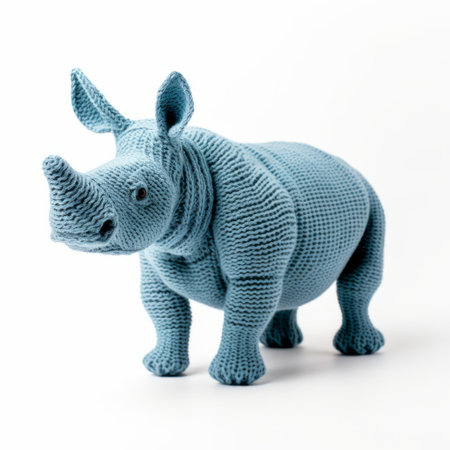 a crocheted stuffed rhino, meticulously crafted with bold, cartoonish lines, stands next to a white background. this site-specific work showcases the artist's unique style, combining light cyan and indigo hues. captured in stunning 32k uhd resolution, this photo highlights the intricate details of the sumatraism-inspired creation. shot with a rollei prego 90, this image is a testament to the artist's skill and creativity. ai generatedの素材