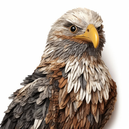 the eagle in this photo is painted with colors that evoke the warmth of the autumn sun. it is depicted in a hyper-realistic style, resembling detailed character illustrations. the sculpture is made of paper and showcases dimensional multilayering. the colors used are primarily gray and brown, capturing the essence of norwegian nature in high detail. ai generatedの素材