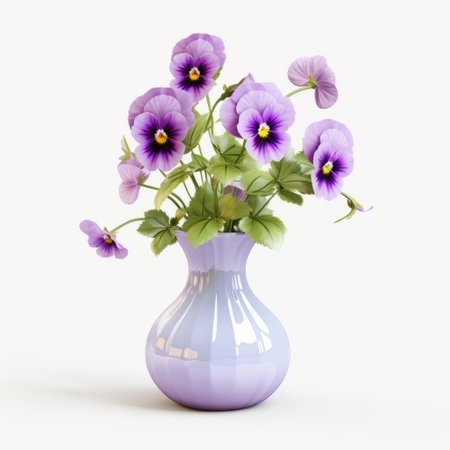 pansies in a purple vase, showcased in a realistic hyper-detailed rendering with vray tracing. the high-resolution image captures the delicate beauty of the flowers against a clean white background. the subtle use of color adds depth and enhances the overall visual appeal. ai generatedの素材