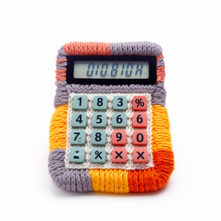 a photo of a diy handmade knitting calculator, inspired by the styles of matthias haker and pipilotti rist. the color palette consists of orange and gray, reminiscent of george bush's era. this bold and saturated image showcases the innovativeness of the calculator, with playful appropriation and the ability to capture suburban ennui. ai generatedの素材