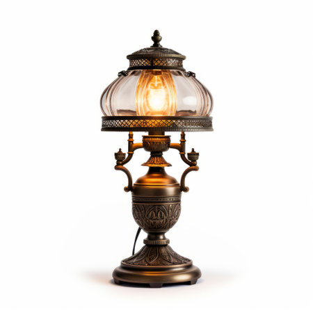 an aged metal lamp, reminiscent of historical reproductions, is showcased on a white background. this victorian-era lamp features a dark gold and amber color scheme, exuding a nostalgic charm. crafted with glass material, it reflects the artistic style of ephraim moses lilien. this uhd image captures the essence of nostalgia and adds a touch of vintage elegance to any space. ai generatedの素材